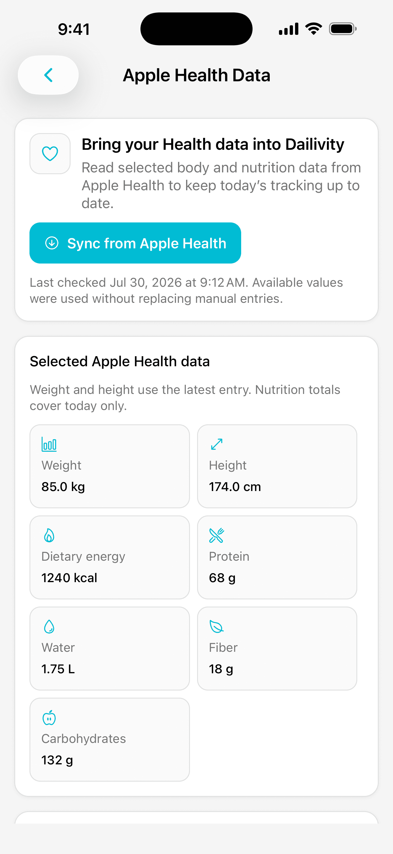 Dailivity app screen: importing Apple Health data