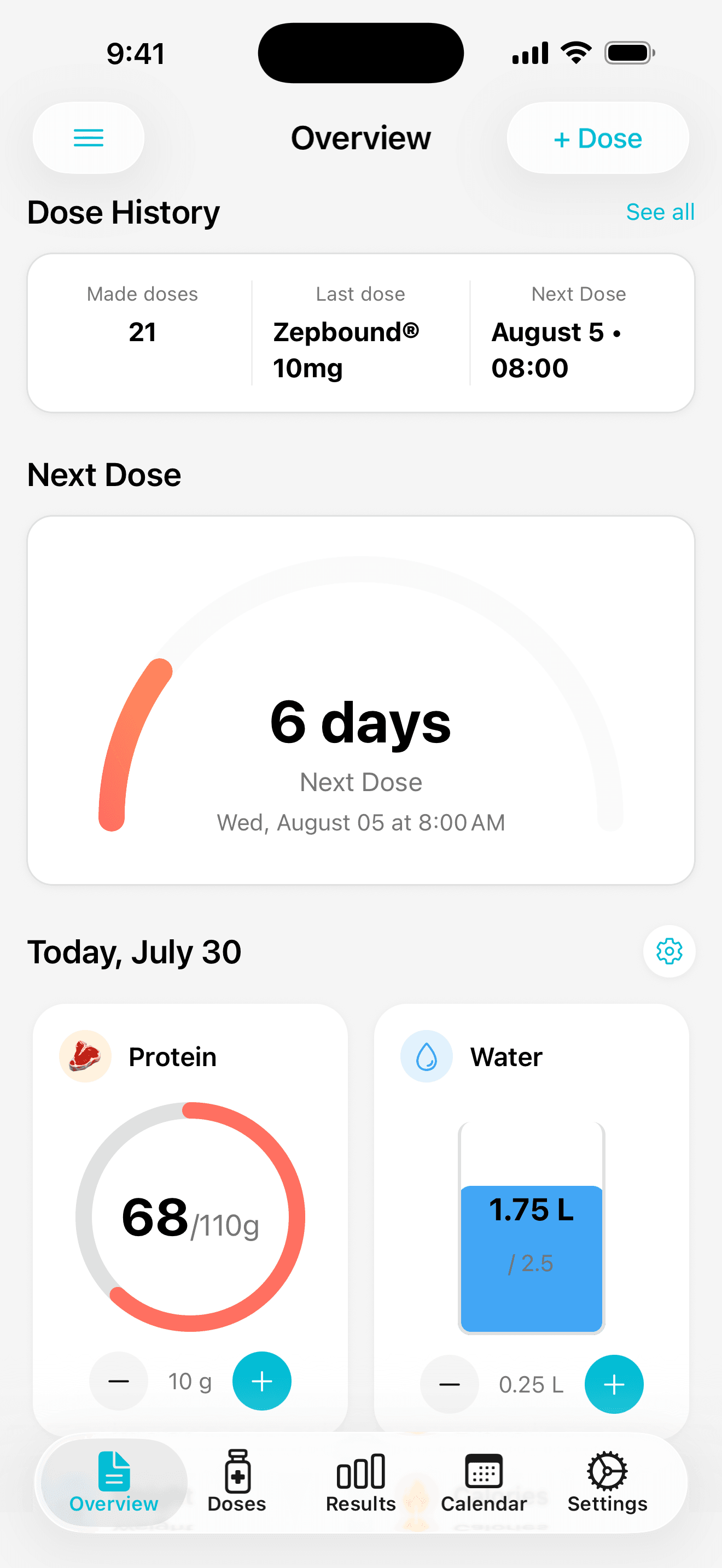 Dailivity app home screen showing the countdown to the next GLP-1 dose and a daily health summary