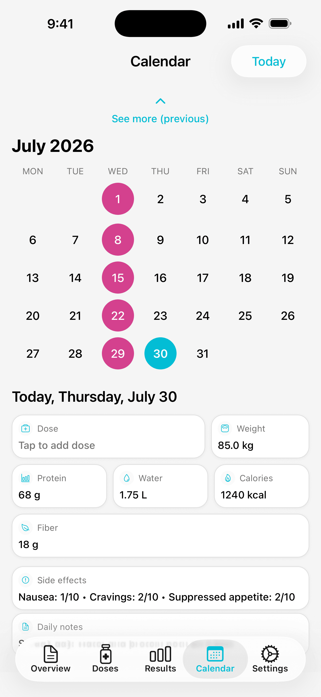 Dailivity app screen: treatment calendar